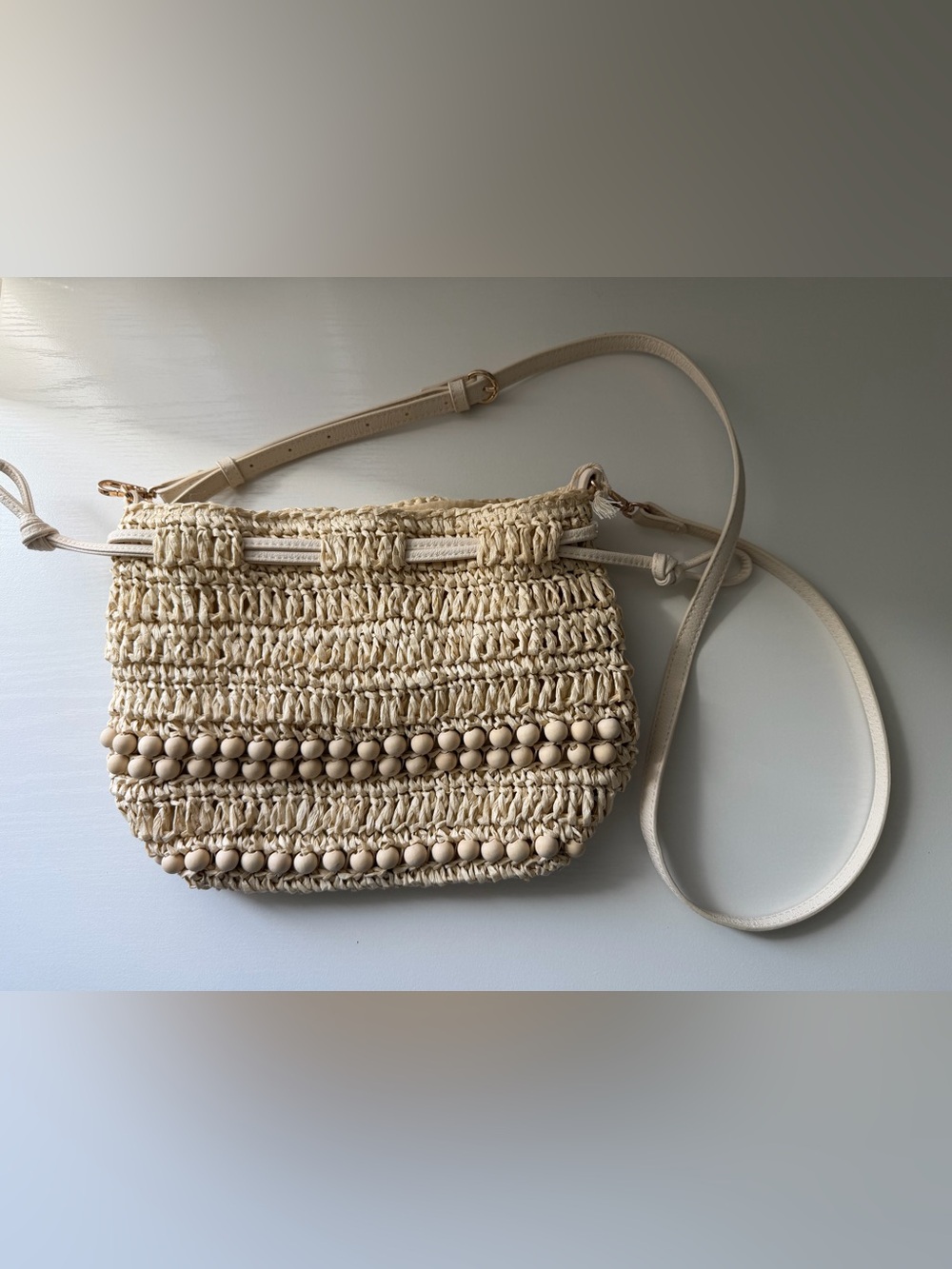 Universal Thread Cream Woven Crossbody with Wooden Beads